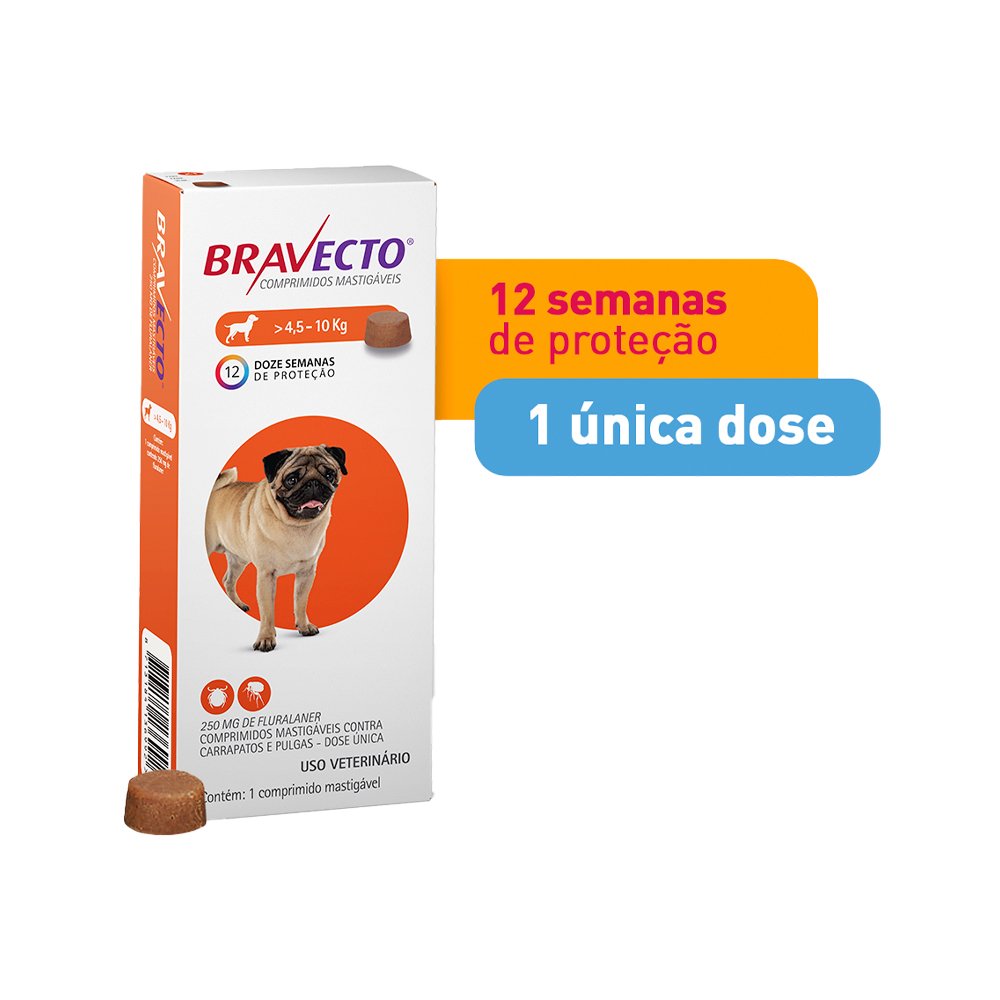 Antipulgas e Carrapatos Bravecto 4,5 a 10 kg para Cães 250mg 1 comprimido