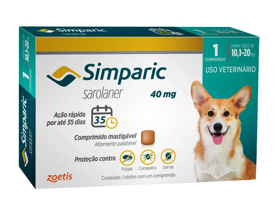 Antipulgas Simparic 10 a 20kg Cães 40mg 1 comprimido