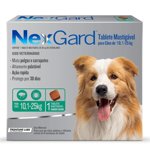 Antipulgas e Carrapatos NexGard 68 mg para Cães de 10,1 a 25 Kg